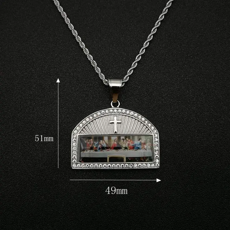 The Last Supper Pattern Hip Hop Bling Iced Out Stainless Steel Geometric Square Pendant Necklace for Men Rapper Jewelry