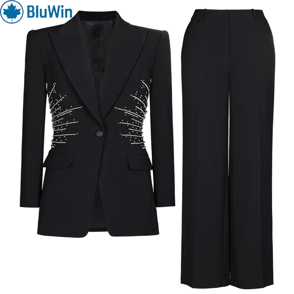 

BluWin Black Blazer & Trousers Set – Crystal Starburst Detailing for a Bold, Modern Look