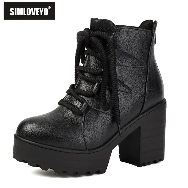 

SIMLOVEYO2025 Женские ботильоны в стиле ретро с круглым носком на массивном каблуке 9 см, платформа 3 см, шнуровка, большие размеры 43 44 45 46 Повседневные повседневные ботинки