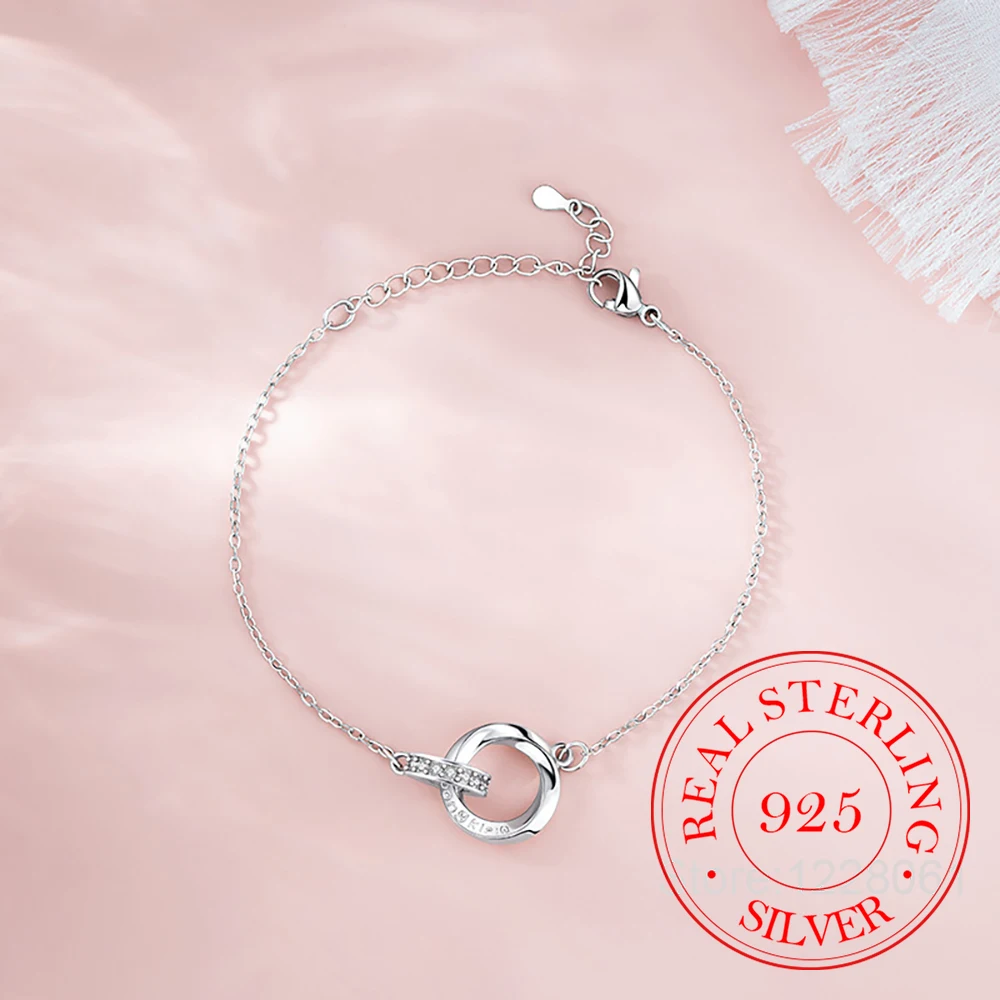 

Аутентичный стерлингового серебра 925 пробы с кристаллами циркона, полоска Мебиуса, два круга, женский браслет, роскошные серебряные украшения, подарок для свадебной вечеринки