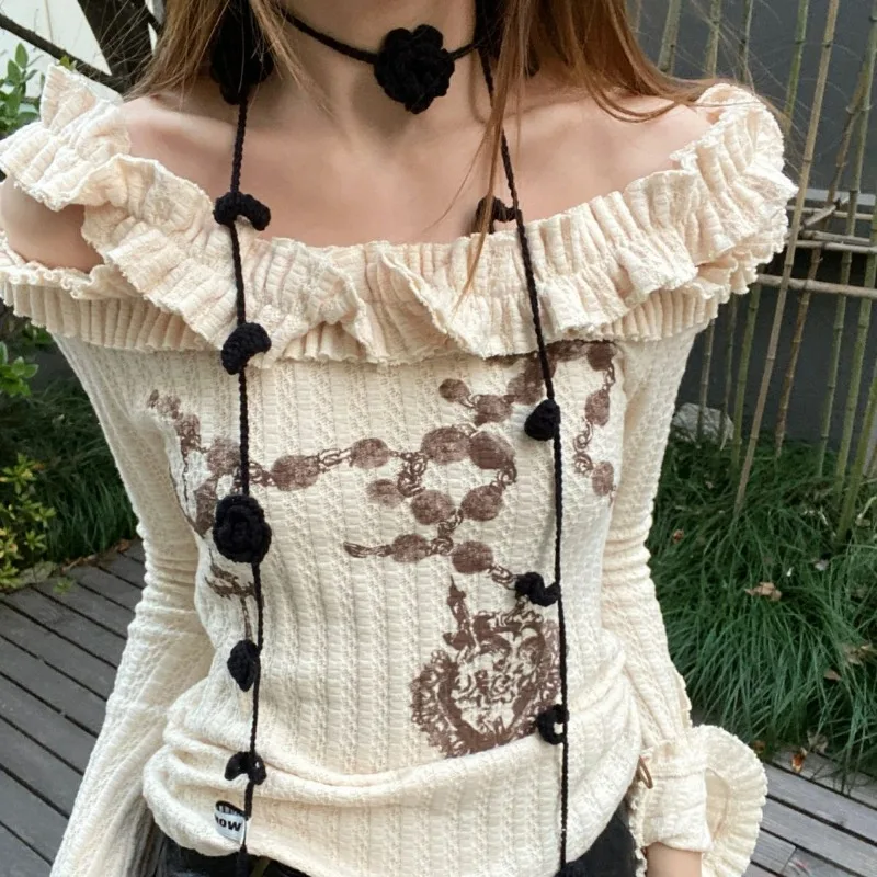 Design Vintage Harajuku Print Tops Women Summer Positive Negative Wear Female Clothing One-line Shoulder Flare Sleeve Knit Top