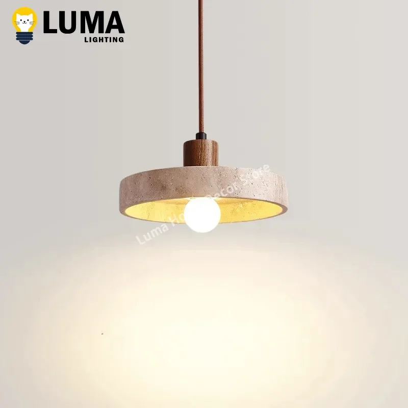 

Luma Wabi-Sabi Yellow Travertine Pendant Light With E27 Bulb Stone Wood Hanging Lamps for Kitchen Island Bedside Resturant Decor