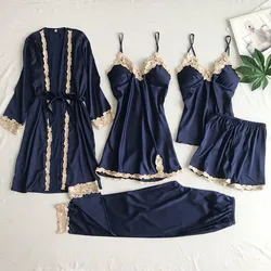 Conjunto de pijamas de cetim de seda feminino, pijamas sensuais, pijamas de renda, 5 peças