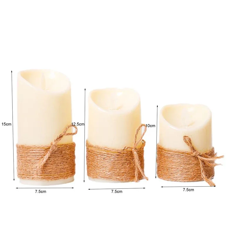 Handgemaakte henneptouw pijlerkaars – warm wit flikker, LED-sfeerlicht voor bruiloften, kerstfeesten en nachtlampje voor kinderen