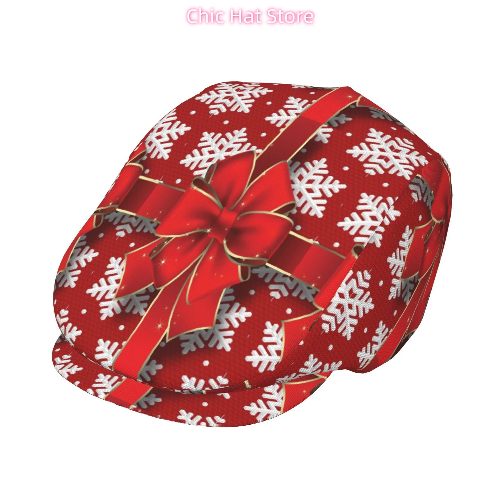1pc Red Bow & Snowflake All-Over Print Flat-Top Hat - Unisex Christmas Winter Cap for Men & Women, Machine Washable Lightweight