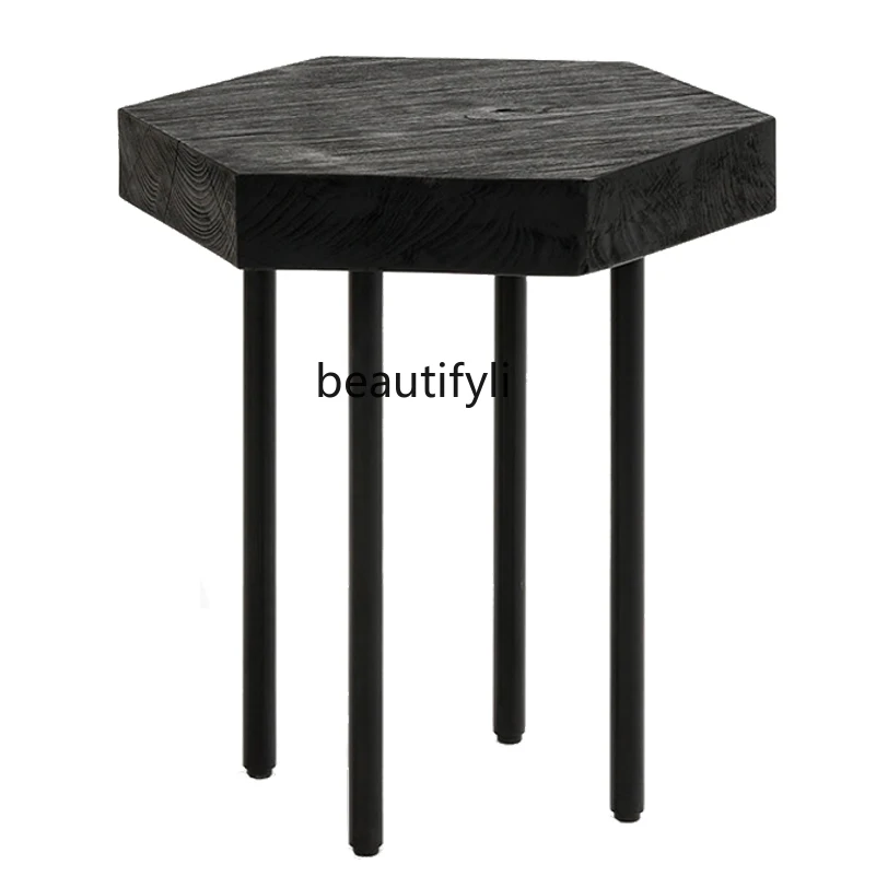 

Nordic Black Solid Wood 0.5 M Side Table Japanese Hexagonal Tea Table Italian Natural Vacation Style Corner Table