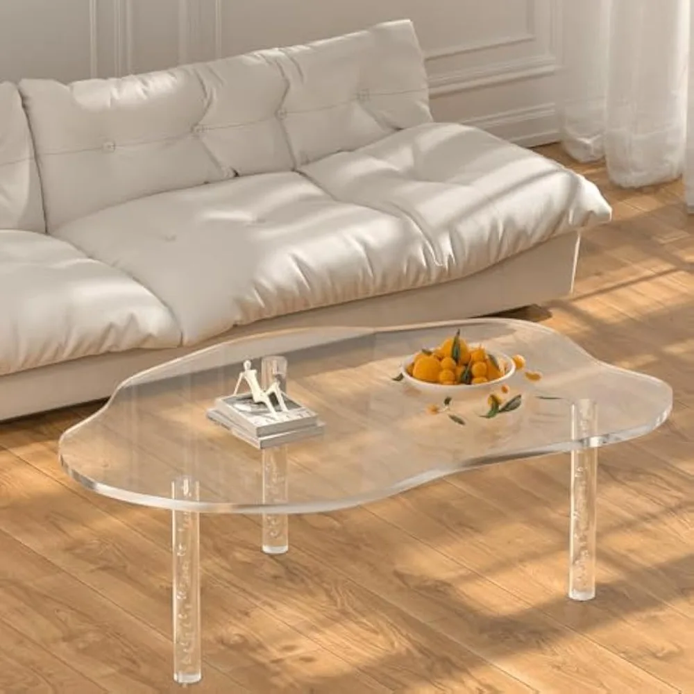 Acrylic Cloud Shaped Coffee Table, Modern Irregular Waterfall Transparent Coffee Table Furniture, with 3 Solid Bubble Legs