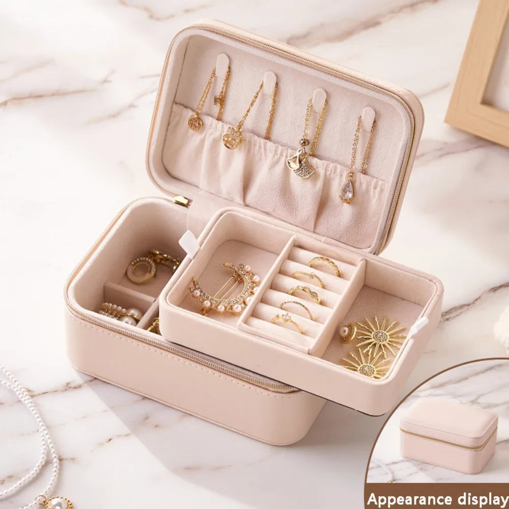 

Double Layer Jewelry Storage Case Zipper PU Leather Jewelry Boxes Multi-function Portable Jewelry Organizer