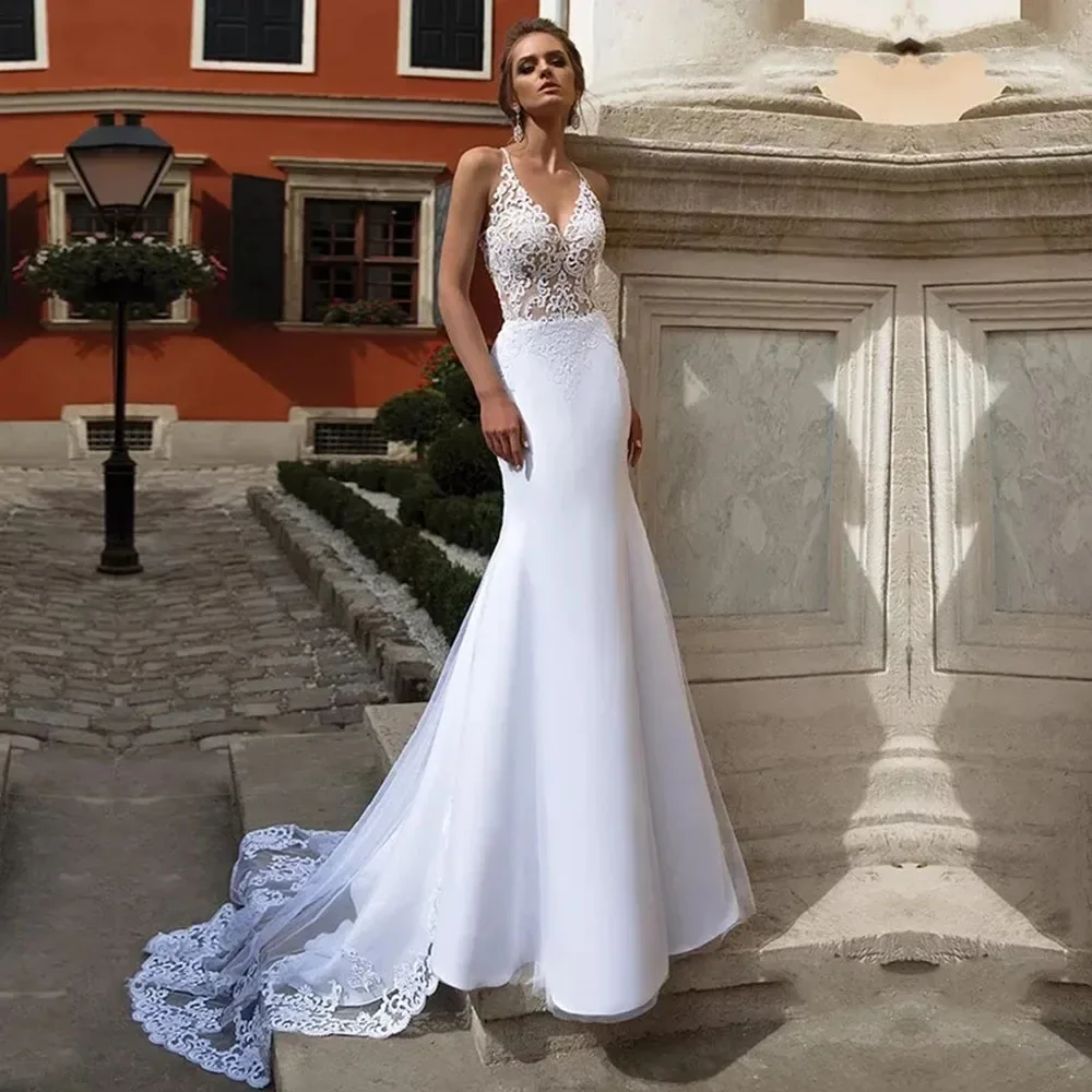 

Flavinke Sexy Mermaid white Lace Wedding Dresses Sleeveless Bridesmaid Dresses Tailor Made Plus Size Woman vestidos de fiesta