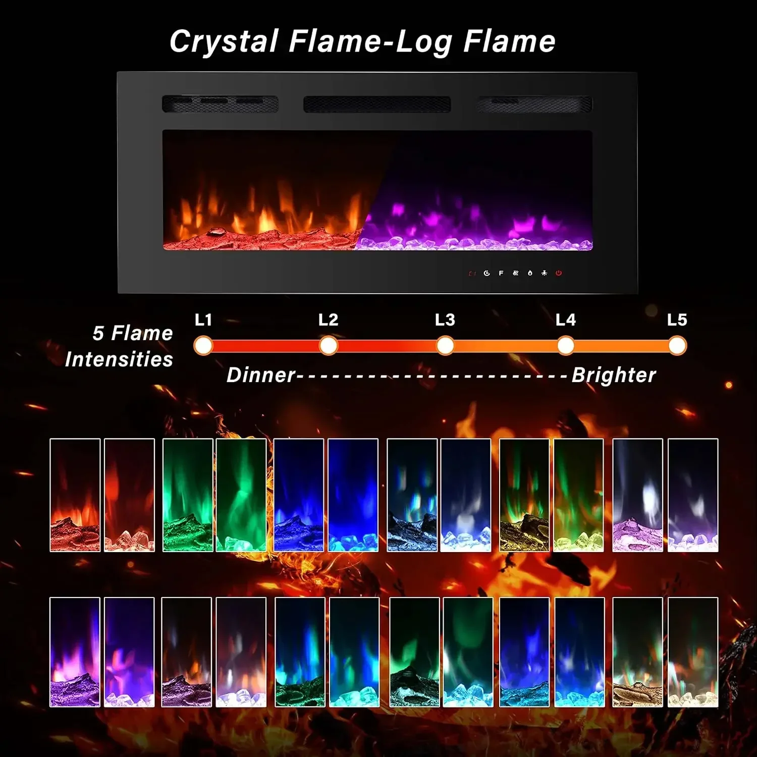 

60 inch Electric Fireplace Inserts, Electric Fireplace Wall Mounted Led Fireplace, Recessed Fireplace, 12 Flame Colors