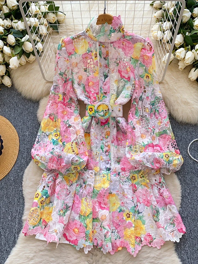 

Spring Summer French Hollow Hook Flower Lace Dress Women's Waist Cinched Lantern Sleeves Ruffled A-line Mini Dress C23
