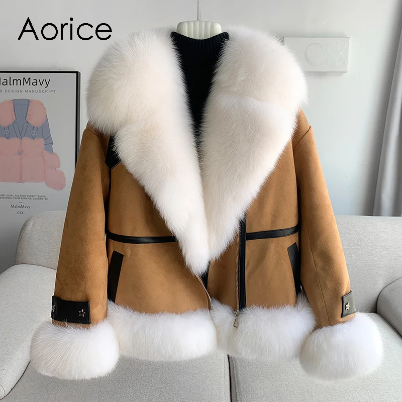 Aorice New Design Women Real Fox Fur Collar Jacket Winter Female Warm Duck Down Lining Coat CT304