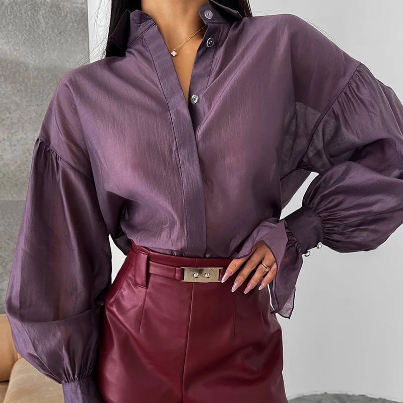 

Fashion Buttons Loose Blouse Elegant Lapel Collar Thin Temperament Shirts Women Casual Flared Sleeve Solid Color Commuter Tops
