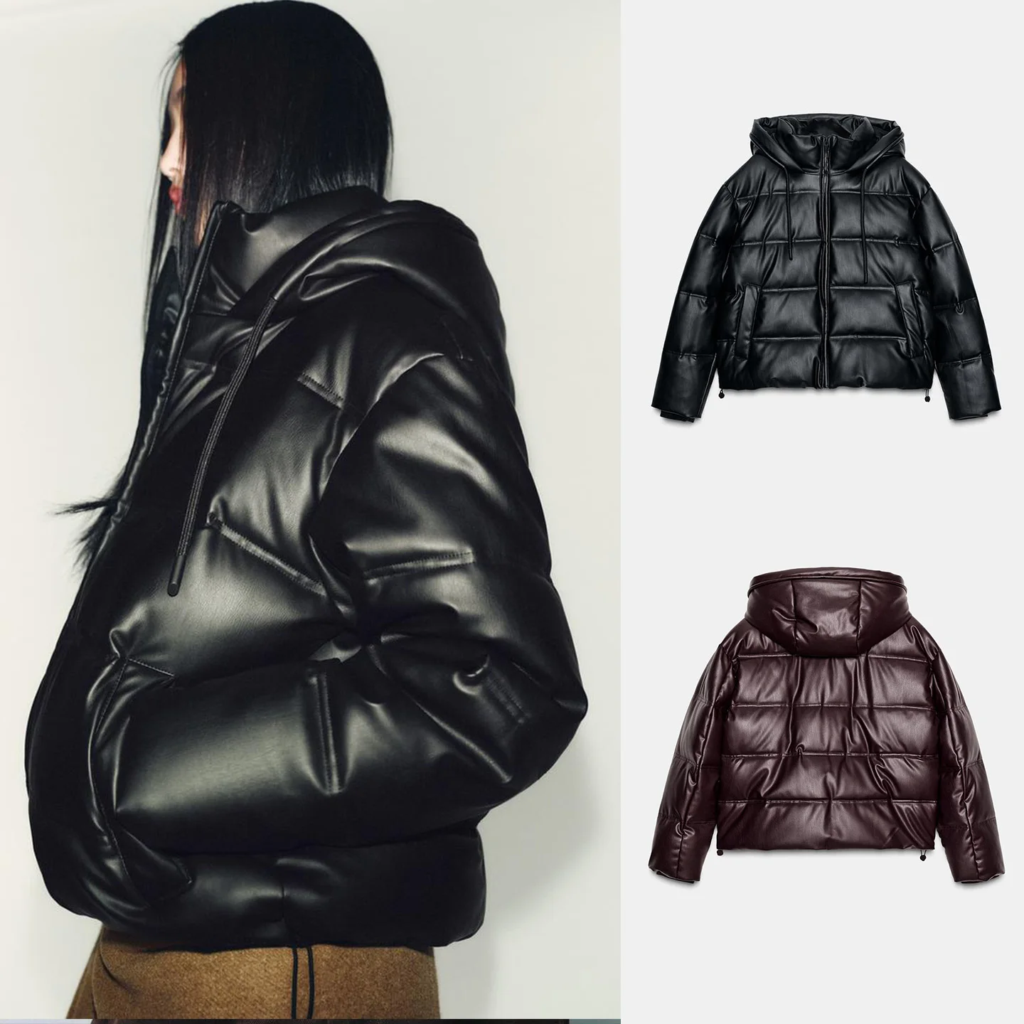 

Winter New Women's Thiened PU Leather Cotton Jaet Hooded Windproof Waterproof Coat Zipper Closure ort Sle Commute