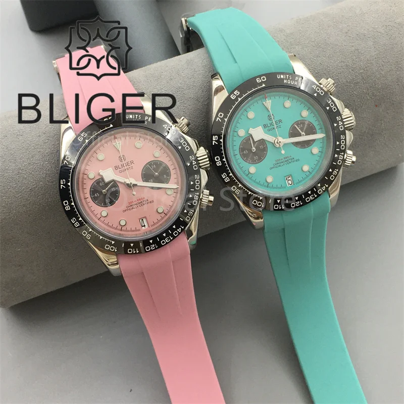 

BLIGER 39mm VK64 Quartz Chronograph Watch For Men Black Pink Black Blue Dial 5 Hand 6 O'clock Date Sapphire Crystal Rubber Strap