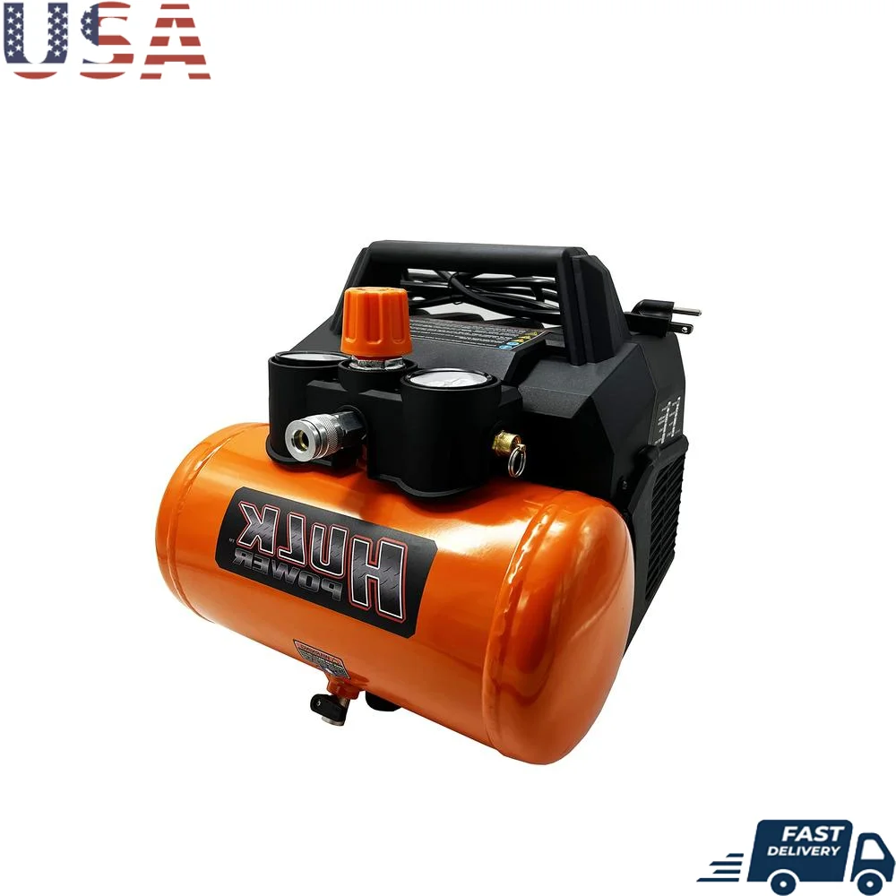 1hp Hulk Portable Silent Air Compressor 1.6 Gal. Oil Free Pump JobSite Ready 125 Max PSI Electric Power Drilling Air Brushing