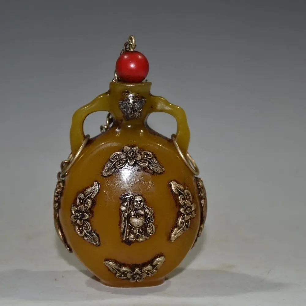 Vintage Collectible Carved Amber Snuff Bottle Ornament of God of Longevity, Exquisite Craftsmanship