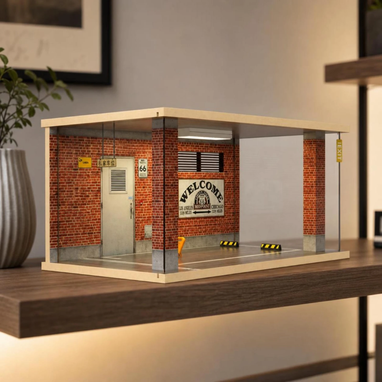 Garage Diorama with LED Light Decorative Parking Garage Diorama Model Car Display Case Wooden Miniature