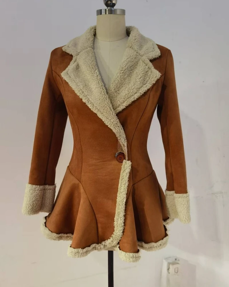 Ladies Vintage Suede Coat Sweater Lapel Beggar Jacket Women Outerwear Fall Winter Fashion Long Sleeve Warm