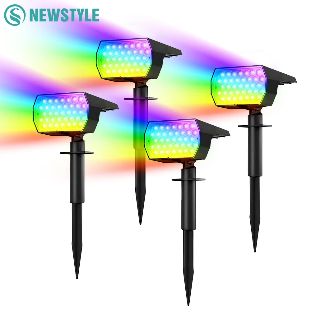 

Солнечные RGB-прожекторы для улицы, 37 светодиодов, на солнечной батарее, ландшафтные светильники с изменением цвета, водонепроницаемые садовые прожекторы для двора