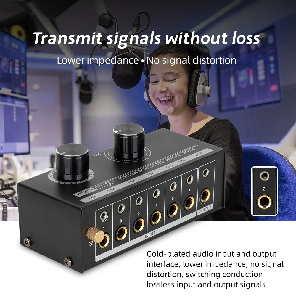 Audio Signal Selection with Volume Control Switcher Selector Switch Sound Channel Selector 3.5 6.5mm ports L R Stereo 6 In 1 Out