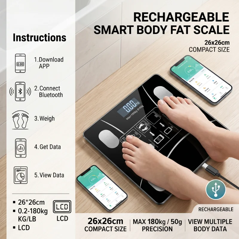 26X26cm Rechargeable Model Smart Body Fat Scale with APP LCD Display Screen Home Electronic Smart Digital Body Fat Weight Scale