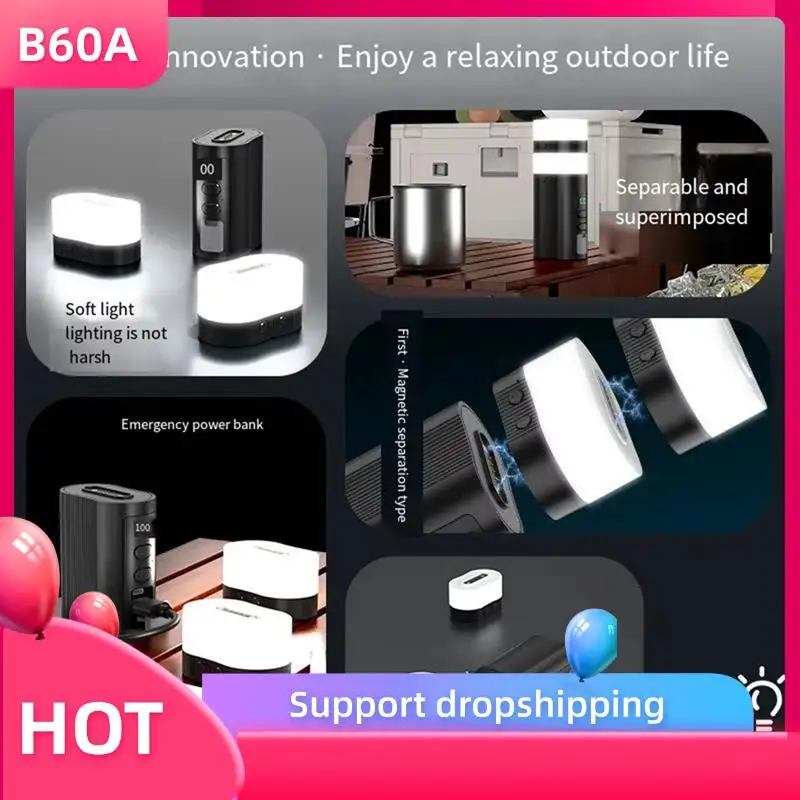 

B60A 2-In-1 Magnetic Camping Light & Power Bank - 6000Mah, RGB Modes, LED Lantern With Display For Outdoor Activities