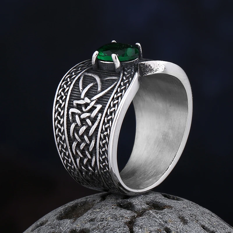 Fashion 316L Stainless Steel Nose Viking Celtic Knot Ring With Green Zircon Odin Amulet Scandinavian Jewelry For Couple Gift