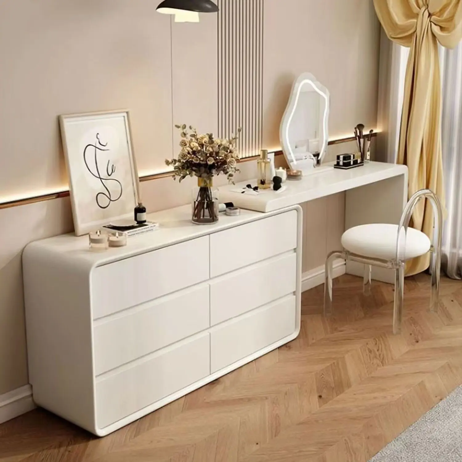 طاولة مكياج متكاملة قابلة للسحب بالرياح الكريمية وطلاء بسيط على الإنترنت وغرفة نوم المشاهير متعددة الوظائف