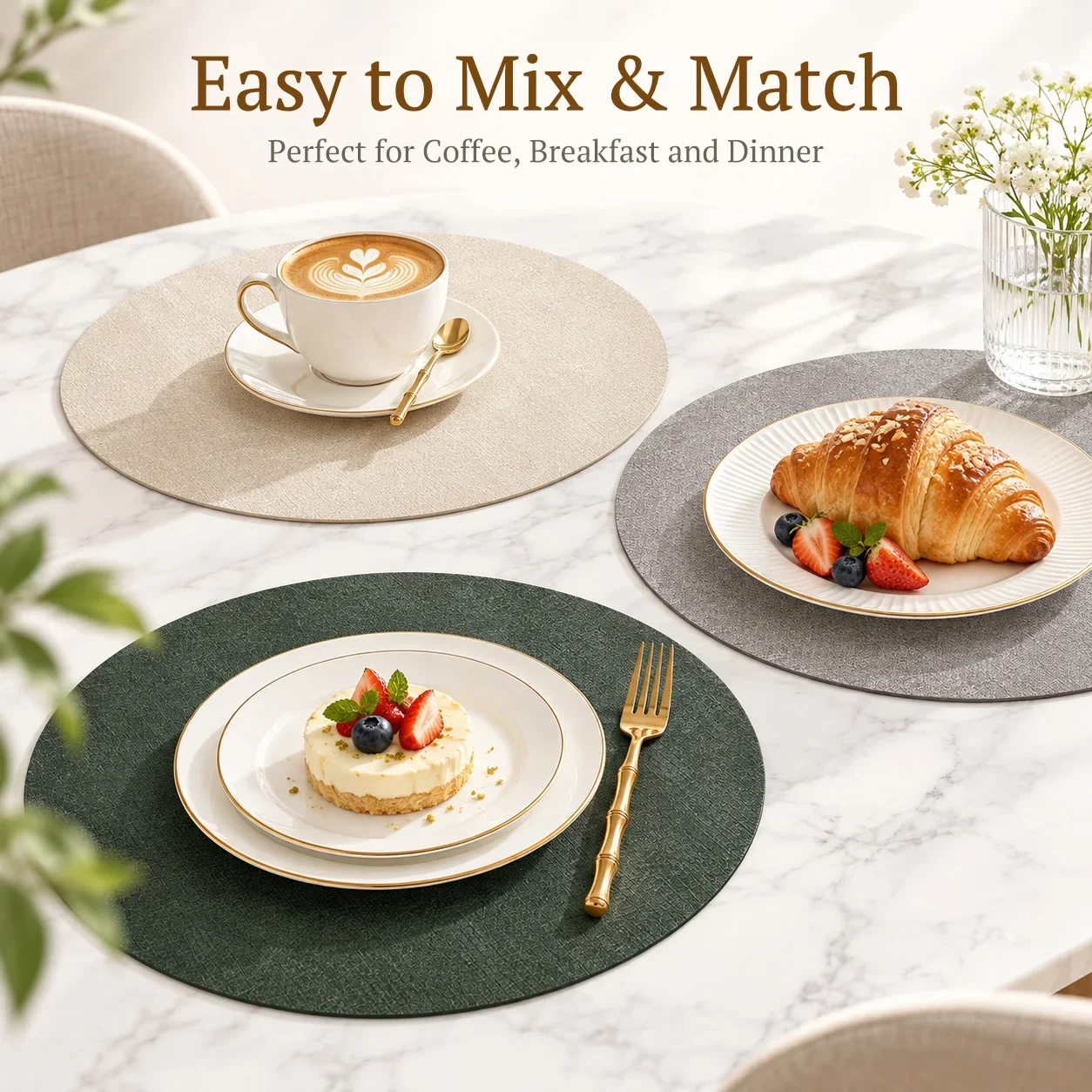 Round Placemats Set of 4 8 16 Waterproof Oil Resistant PVC Leather Dining Table Mats Heat Resistant Luxury Placemats for Home Ki