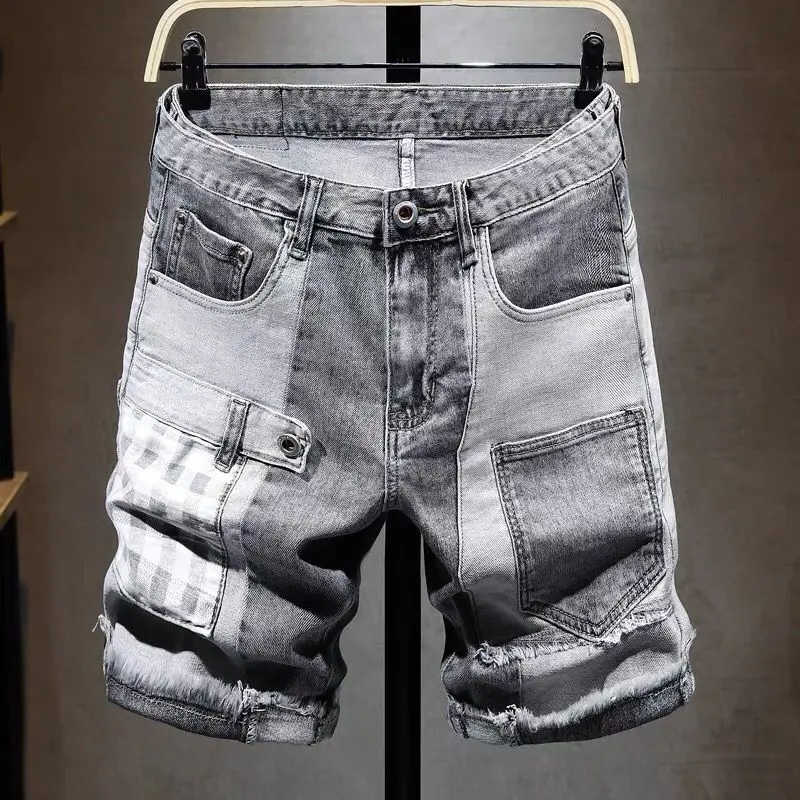 

Trendy Slim Fit Men's Denim Shorts Summer Thin Patchwork Five-Quarter Length with Multiple Pockets And Distressed Finish