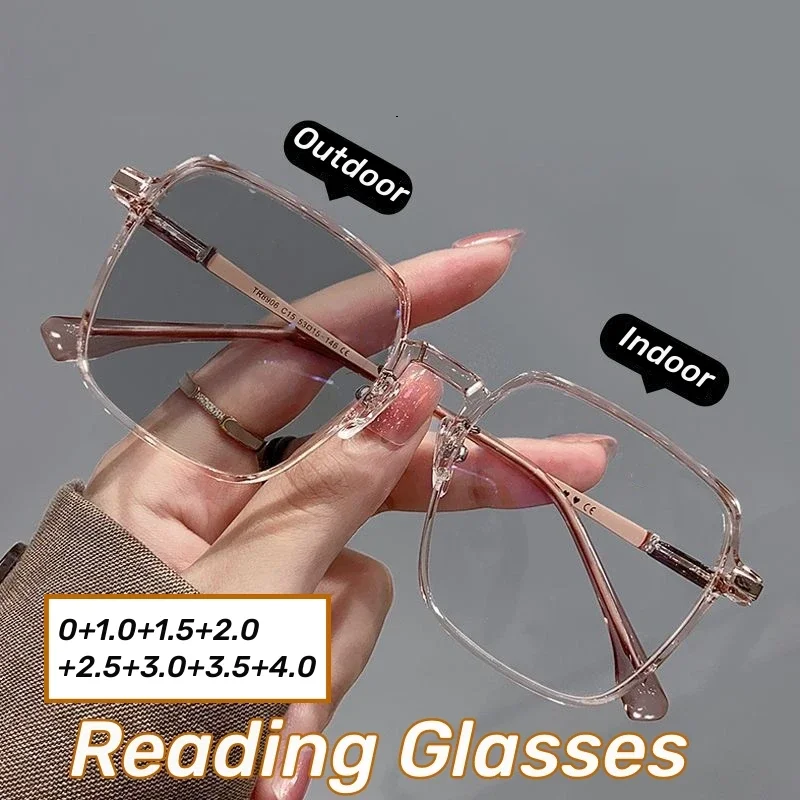 

Fashionable Photochromic Reading Glasses Ladies Large Square Presbyopia Outdoor Color Changing Eyewear Sun Glasses 0 To +4.0