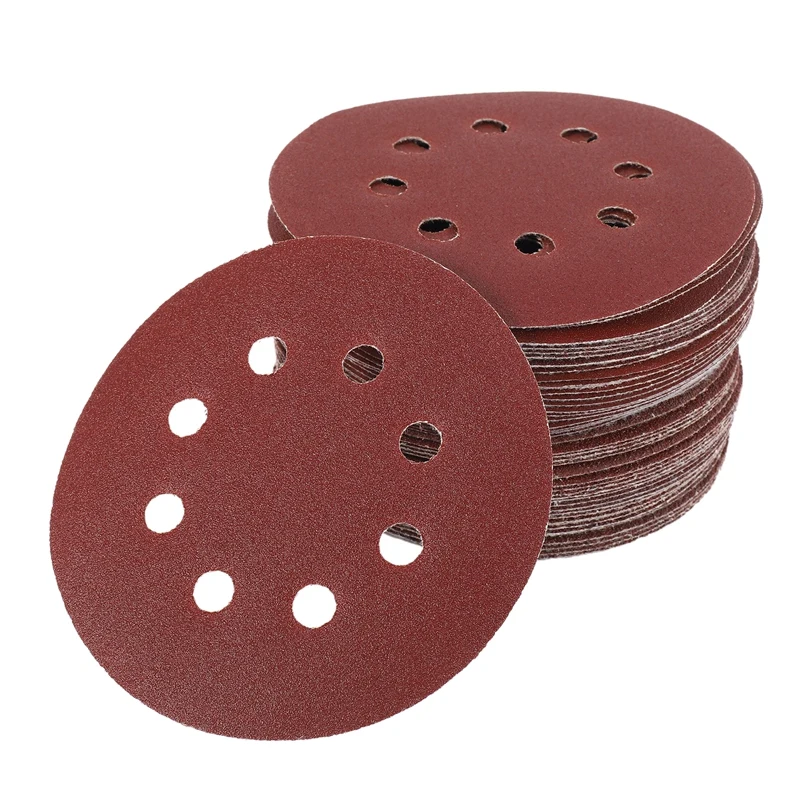 50Pcs 5 Inch 125Mm Round Sandpaper Eight Hole Disk Sand Sheets Grit 40/60/80/120/240 Hook And Loop Sanding Disc Polish-Retail