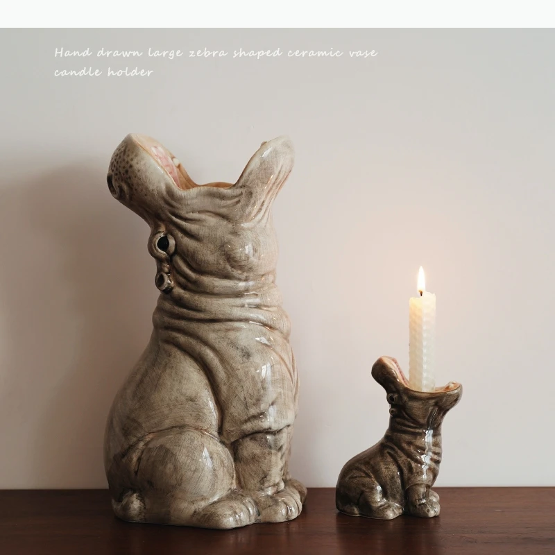 Ceramic Vase Cartoon Hippo Open-mouth Hippopotamus Candlestick Candelabrum Ceramic Handicraft Flower Vase Home Decoration