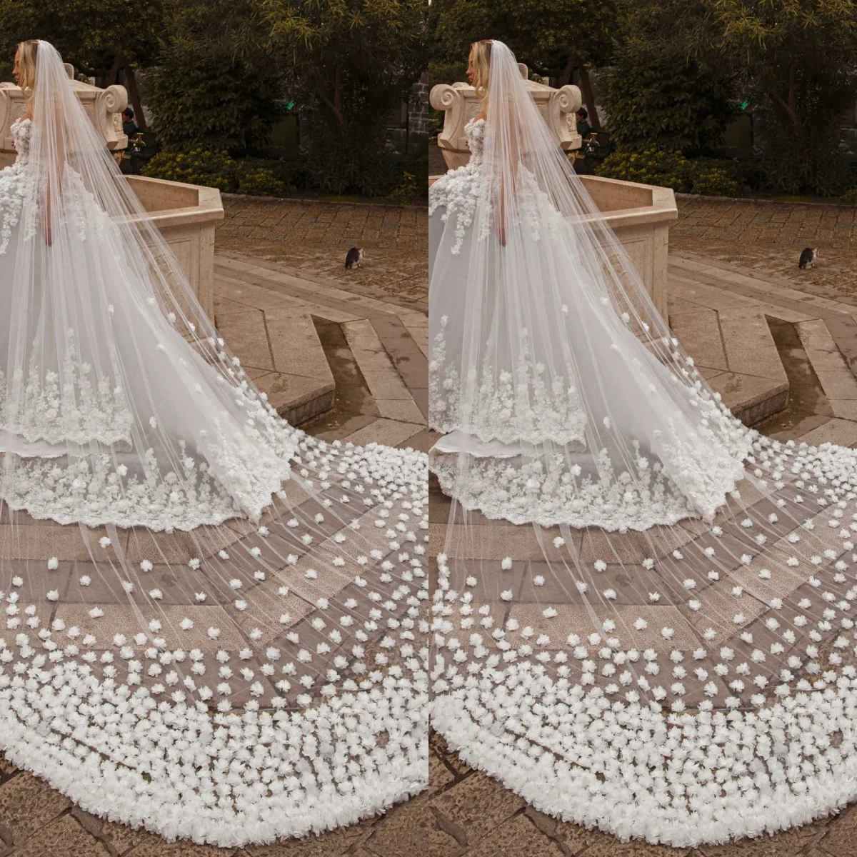 

Gorgeous Wedding Veil Flowers Appliques Lace Handmade Bride Veils Cathedral Length Bridal Accessories Customized velo de novia