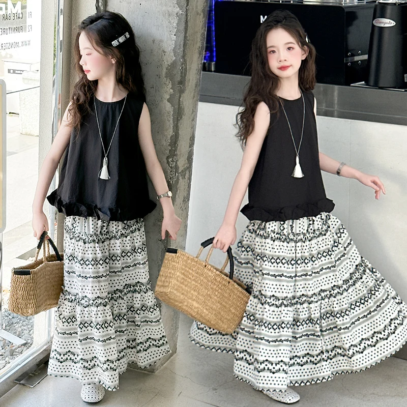 

Girls Suit Summer 2026 Sleeveless Black Tank Top And Print Midi Skirt Two Piece Set Casual Vacation Children's Clothing