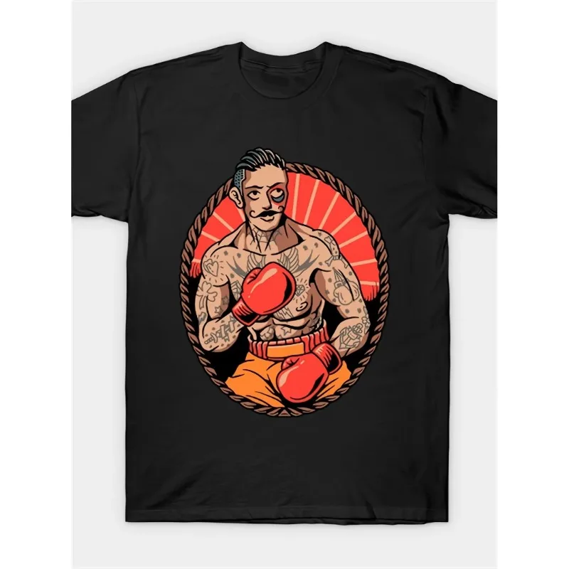 Suitable as a gift for family members, boxing hero tattoo T-shirt, printed black new style, suitable for birthday parties