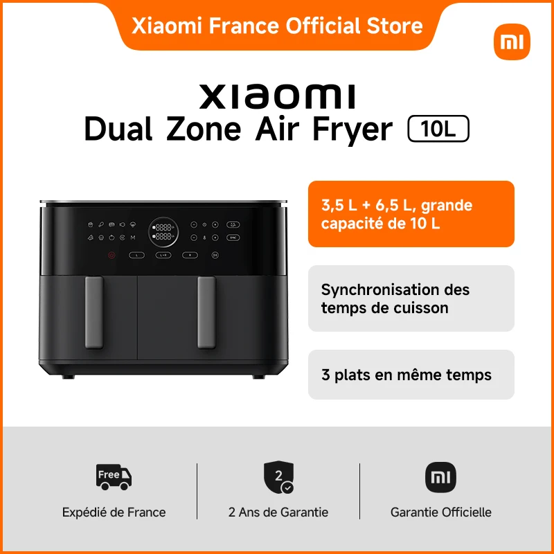 [Officiel] Xiaomi Dual Zone Air Fryer 10L Noir | Grande capacité de 10 L, 3 plats en même temps, Synchronisation des temps de cuisson
