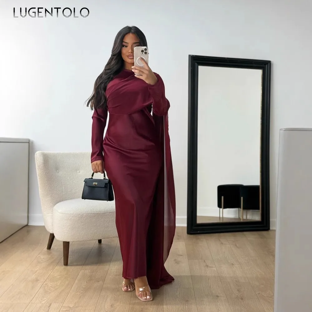 Women Satin Chiffon Dress Cocktail Party Package Hip Sexy Lady Banquet Middle East Elegant Solid Long Sleeve Clothing