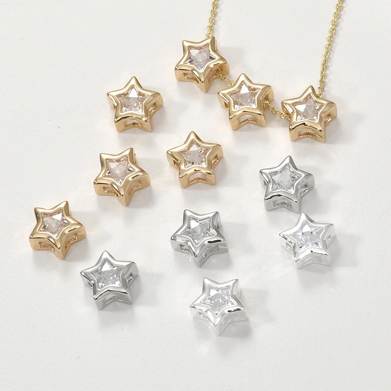 9Mm Copper Plated 14k Gold Silver Zircon Pentagram DIY Bracelet Necklace Ear Jewelry Pendant Accessories
