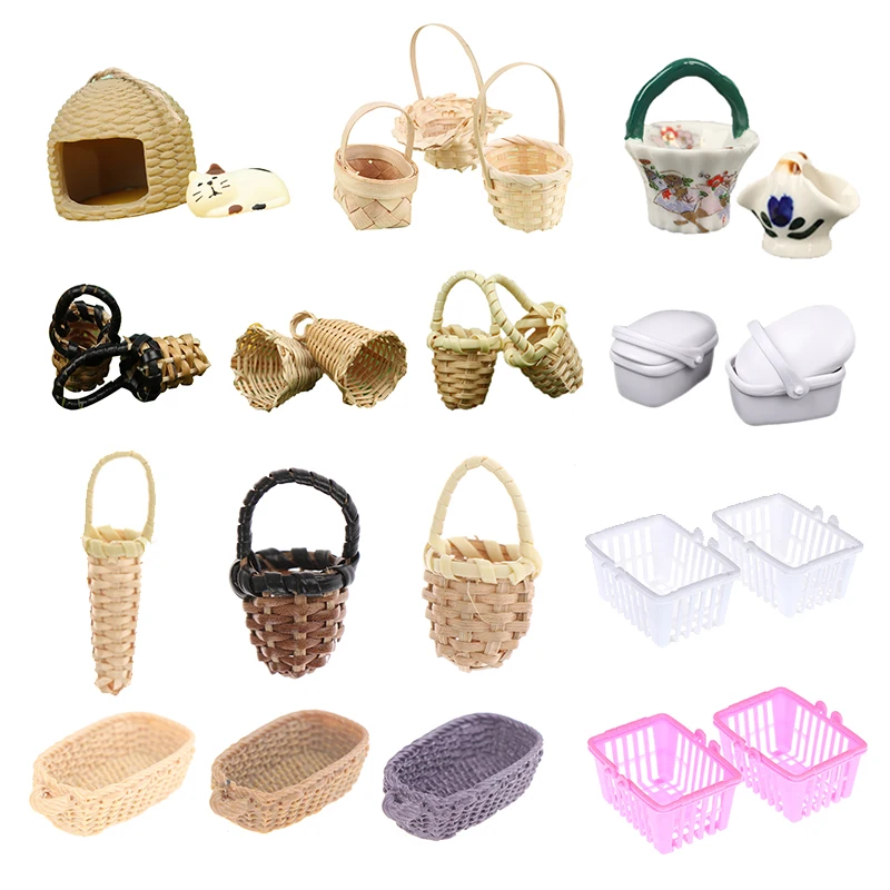 Mini 1/12 Dollhouse Rattan Iron Frame Hand-woven Vegetable Food Storage Basket Dolls Miniature Furniture Decoration Accessories