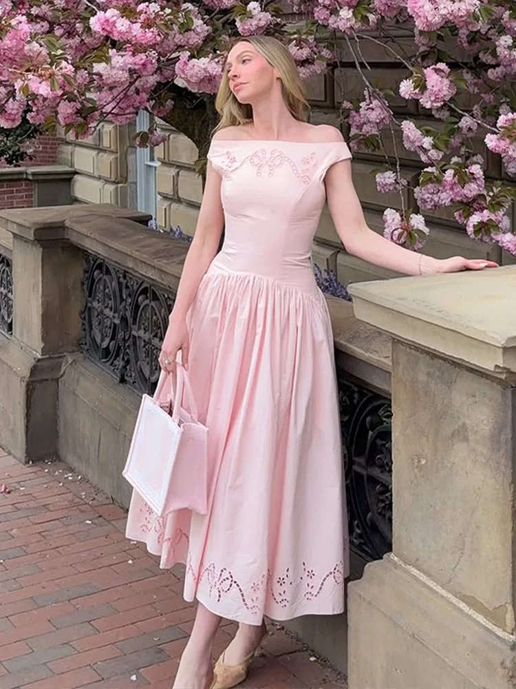 Schulterfreies, besticktes, tailliertes langes Kleid für Damen – Luxuriöses, weit ausgestelltes, schmales Party- und Abendkleid – Elegantes Damen-Vestido Longos – Detail 15