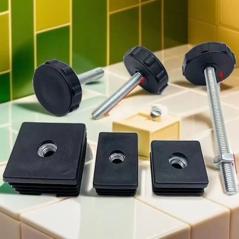 1Set 20~40mm Square/Round steel Pipe Adjustable Foot Mats With Nuts Furniture Table Chair Leg Heightening Feet Pad Black Plastic