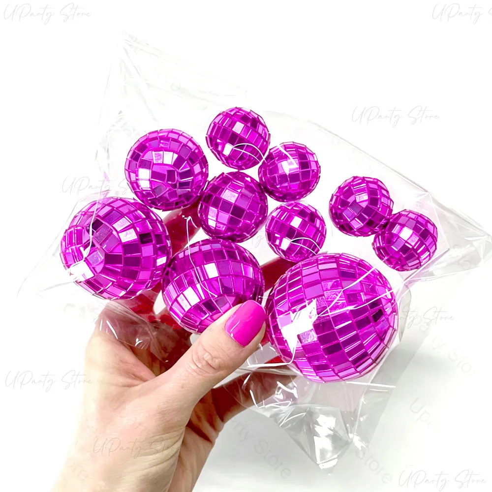 10pcs Hot Pink Disco Balls Cake Toppers 2-5cm Mirror Rose Pink Disco Balls Picks for Birthday Disco Birthday Party Cake Decor view 3