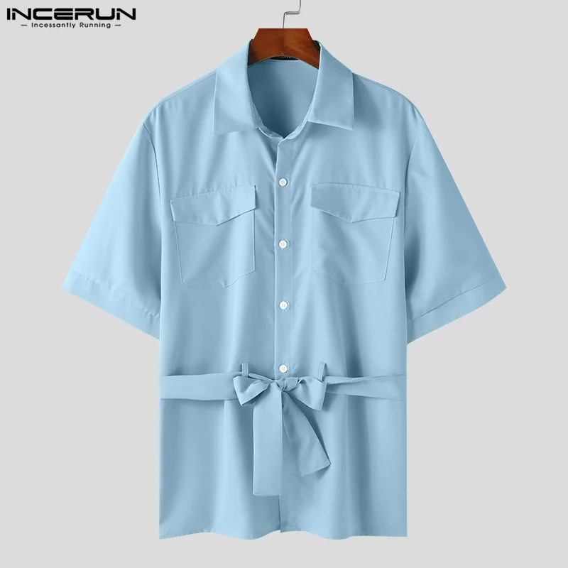 INCERUN Men Shirt Solid Lapel Short Sleeve Pockets Lace Up Men Clothing With Belt Streetwear 2024 Summer Fashion Casual Shirts