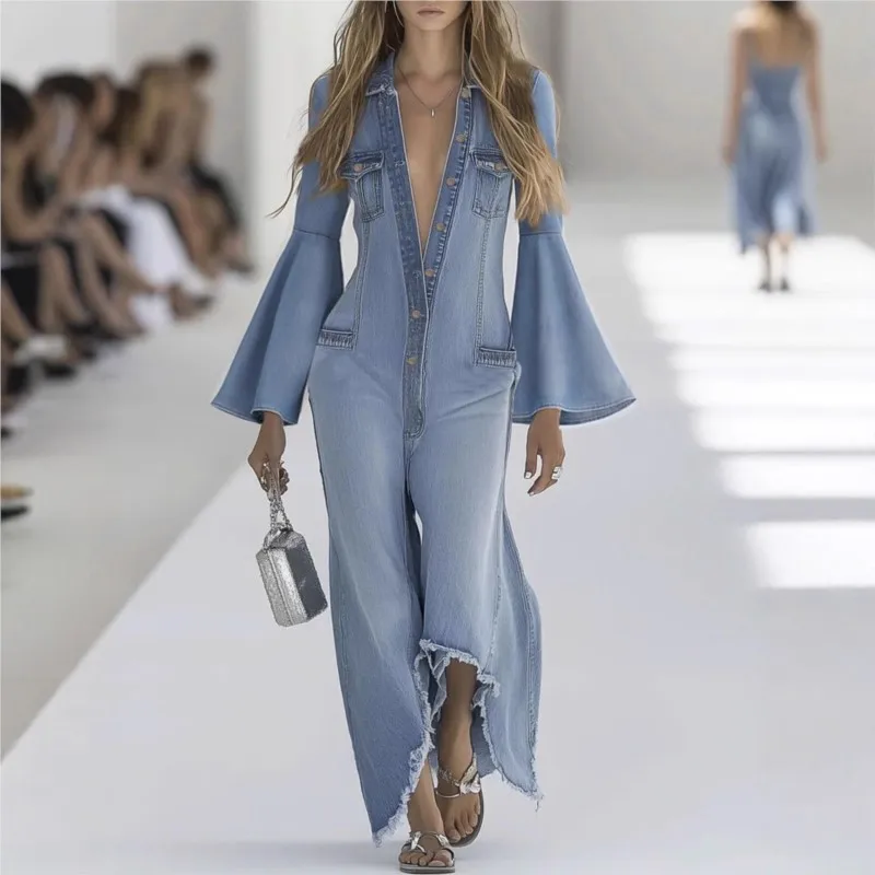 الصلبة النساء حللا لخريف شتاء كم طويل واحد الدنيم فضفاض موضة الشارع الشهير وزرة بنطال ذو قصة أرجل واسعة بنطلون 2025