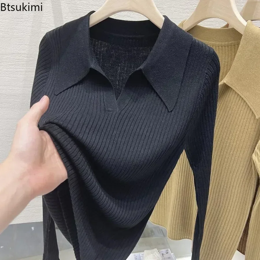 

2025 Women's Casual Long Sleeve Knitted Shirts Tops Turn-down Collar Solid Thin Sweater Female Elegant Knitwear Jumper Pullovers