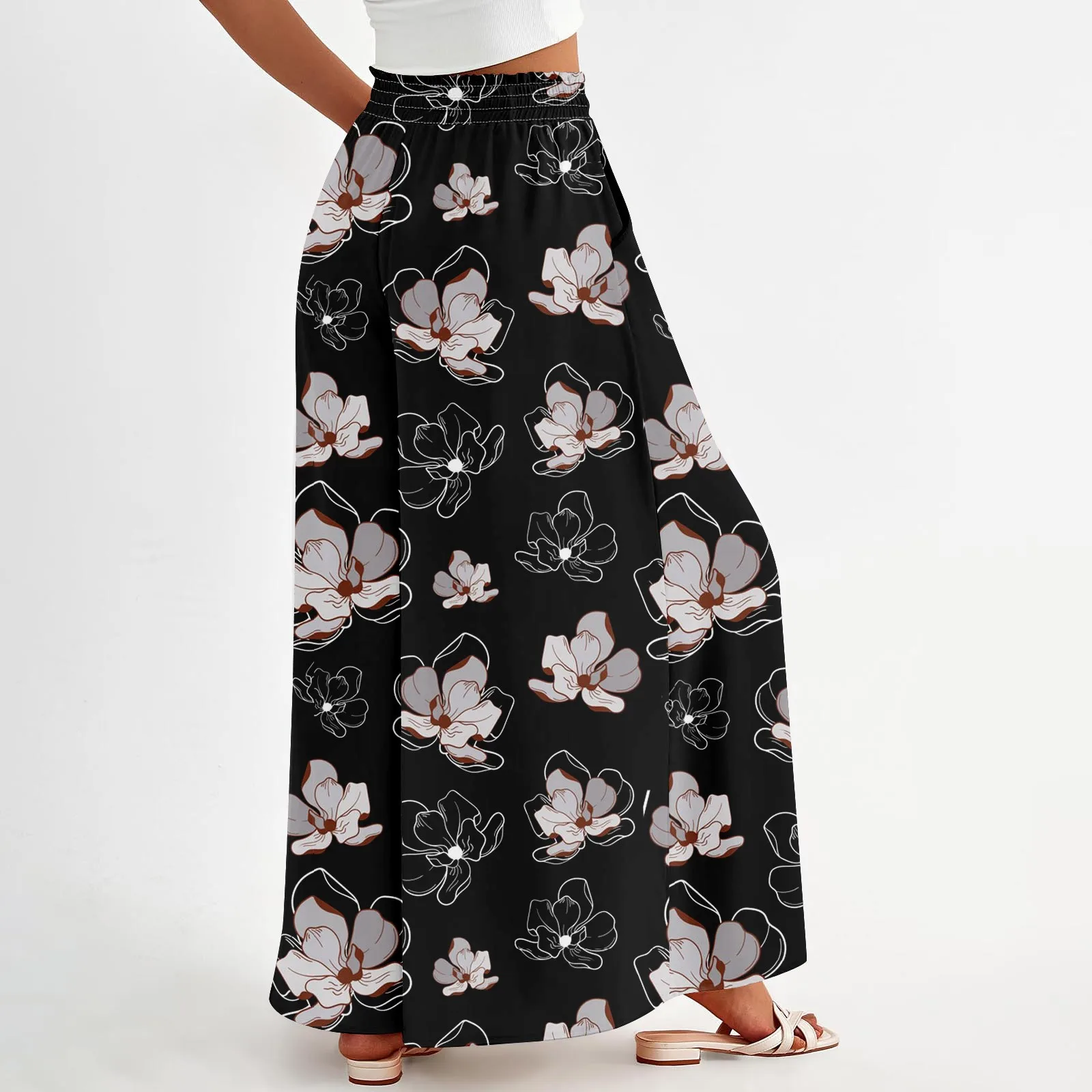 Pantaloni a gamba larga da donna con coulisse a vita alta Pantaloni fluenti casual estivi con tasche Pantaloni da spiaggia con stampa floreale retrò di tendenza