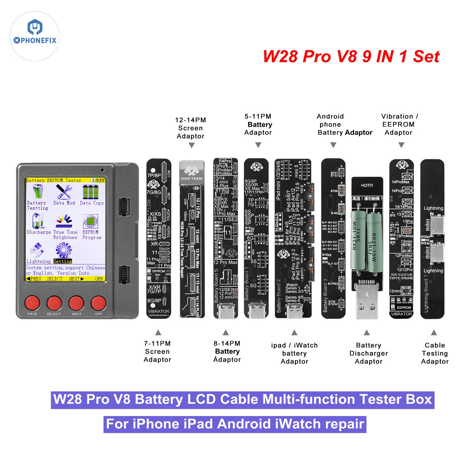 OSS W28 Pro V8 Multi-funtional 9 in1 LCD Screen Battery Tester Machine per iPhone 7-14 Huawei iPad Test True Tone Battery Repair