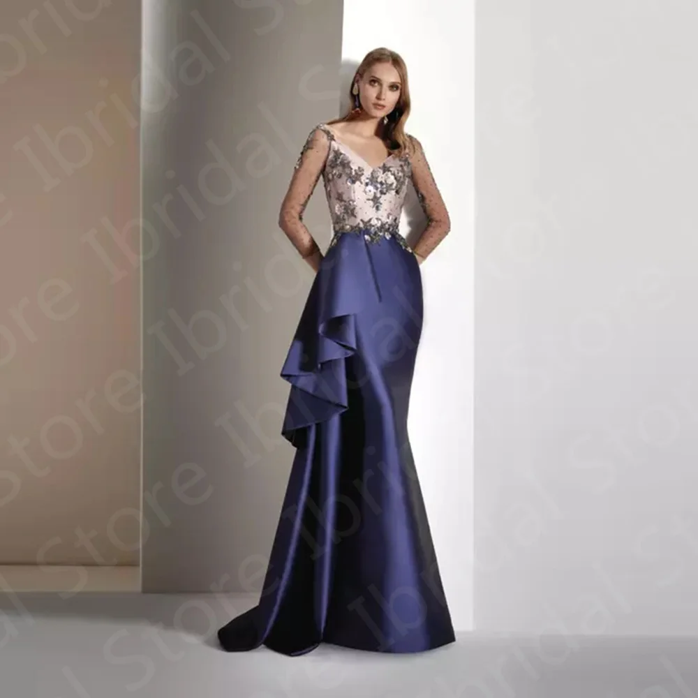 Vestido azul marinho clássico para a mãe da noiva, vestidos com decote V, mangas 3/4, vestidos de casamento, florais, 2023